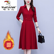 啄木鳥(niǎo)（TUCANO）大尺碼女裝春秋長(cháng)袖連衣裙女2026裝新款洋氣質(zhì)收腰洋氣遮肚顯瘦裙 5177-紅色-加/絨 L 建議【100-115】