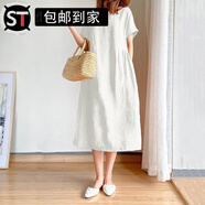山頭林村紫淑女裝夏大碼簡(jiǎn)約文藝范寬松顯瘦連衣裙女胖mm中長(cháng)款a字裙子 白色 M  建議80-105斤