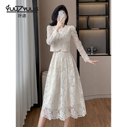 妤遇（YUUZYUUS） 品牌女裝法式連衣裙女2025春秋新款氣質(zhì)名媛蕾絲洋氣高級感長(cháng)裙 杏色 S