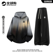 GUOCILRN美式潮牌連帽衛衣套裝男女款秋冬季休閑運動(dòng)扎染帽衫漸變上衣衛褲 2505黑色衛衣+8266黑色褲子（春秋款）-NE01 XL （推薦體重120-160斤）