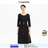 NAERSI娜爾思優(yōu)雅氣質(zhì)圓領(lǐng)連衣裙25秋裙子女裝新款氣質(zhì)顯瘦（配腰帶） 黑色 M
