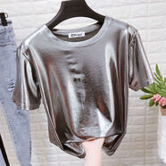 圓領(lǐng)珠光亮面短袖T恤女潮閃閃反光銀色寬松表演服飾上衣小衫夏 深灰色 S