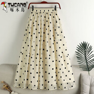 啄木鳥(niǎo)（TUCANO）波點(diǎn)百搭高腰歐根紗印花拼接a字半身裙2026新款遮肚子超仙口袋裙 杏色(波點(diǎn)) S 90斤內