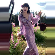 法式v領紫色碎花長袖連衣裙子女裝夏季2025新款早秋穿搭魚尾長裙 [紫色][盛夏流行風格/連身裙/今 S 均碼