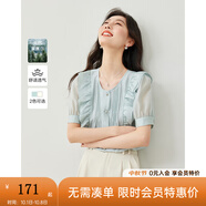 梵希蔓2025年夏季新款圓領(lǐng)荷葉邊壓褶短袖萊賽爾襯衫高級感小上衣 M6812 淺藍色 M