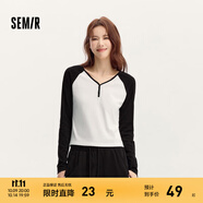 森馬（Semir）【云柔親膚】長(zhǎng)袖t恤女短款V領(lǐng)修身上衣24年新款插肩袖休閑薄外套 黑白色調(diào)00391 M