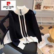 皮爾卡丹秋冬新款時(shí)尚設計感小眾高領(lǐng)豎條紋針織開(kāi)衫上衣女洋氣毛衣外套 黑色 L 建議100-120