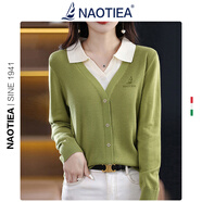 NAOTIEA意大利小帆船翻領(lǐng)假兩件針織開(kāi)衫女2025春秋新款內搭毛衣POLO衫 橄欖綠 M （建議90-115斤）