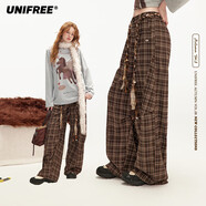UNIFREE格紋工裝褲女2025秋新款寬松闊腿直筒休閑傘兵褲長(cháng)褲 咖格 M