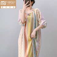 莫代爾新中式國風(fēng)棉綢睡裙女士夏季新款甜美印花中袖連衣裙可外穿家居服 552波西米亞風(fēng) 均碼 （建議75-150斤）
