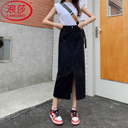 浪莎復(fù)古牛仔裙半身裙女2025新款a字高腰顯瘦中長款小個子開叉長裙 黑色 【升級前開叉款】 XL 【推薦115-125斤腰圍76CM】