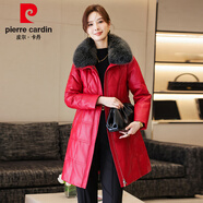 皮爾卡丹海寧綿羊皮羽絨服女冬季修身毛領(lǐng)可拆卸真皮鵝絨服皮衣外套中長(cháng)款 紅色 2XL 130-140斤