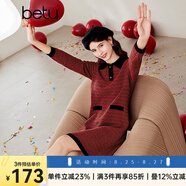 百圖betu女裝冬季新款連衣裙混色紗減齡長(cháng)袖毛織連衣裙女2312T28 棗紅色 S