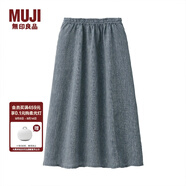 無印良品 MUJI 女式 法國亞麻 抽褶裙 深海軍藍(lán)X條紋 M