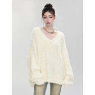 吻璦（wenai）打底衫女2025年秋冬裝新款長(cháng)袖t恤粉色V領(lǐng)馬海毛套頭毛衣女秋冬季 白色 均碼