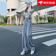佐馬仕牛仔褲女春秋季新款2025高腰寬松闊腿褲女直筒褲復古女休閑褲 淺藍色【加長】 L （111-125斤）