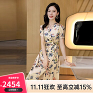 歐迪鳥夏季新款重磅真絲連衣裙大牌氣質(zhì)洋氣印花高檔桑蠶絲法式茶歇裙女 米色 2XL