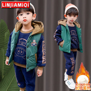 鄰家米其童裝男童套裝冬裝加絨加厚三件套寶寶嬰幼兒童裝男孩冬季小孩衣服 XT3609（馬甲+衛衣+褲）-眼睛款 120 碼/身高105-115cm（4-5歲）