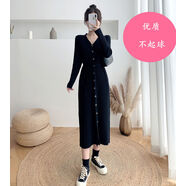 小紅書同款長袖毛衣裙子女秋冬新款內(nèi)搭寬松長款過膝配大衣的針織 黑色配腰帶 XL