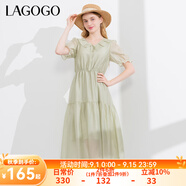 lagogo【萊賽爾】荷葉邊系帶連衣裙女拉谷谷夏新款收腰泡泡袖裙子 淺綠色(L8) M
