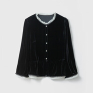 羅蒙（ROMON）絲絨外套女2025冬季新款圓領(lǐng)拼接歐根紗花邊長(cháng)袖仿桑蠶絲開(kāi)衫上衣 黑色 M