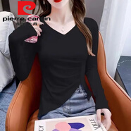 皮爾卡丹（pierre cardin）純.棉秋季修身打底衫2025新款純色v領(lǐng)不規則內搭洋氣長(cháng)袖t恤上衣 黑色今年流行的輕奢品牌 M 建議80-100