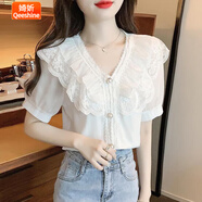 婍妡2025夏季新款甜美氣質(zhì)蕾絲荷葉邊v領(lǐng)泡泡短袖白色雪紡襯衫上衣女 主圖款 3XL