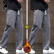 花花公子牛仔褲男士春季新款美式百搭潮牌寬松直筒男褲闊腿休閑長(cháng)褲子男款 336黑灰色加絨+黑灰色加絨 3XL 【（36-37碼 體重165-180斤】