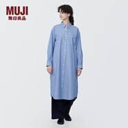 無(wú)印良品（MUJI）女式 水洗 平紋 襯衫領(lǐng)長(cháng)袖連衣裙秋季女裝裙子 BC2J7C4S 藏青色條紋 S(155/80A)
