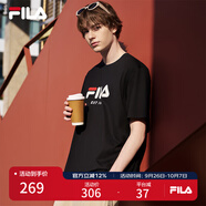 FILA 斐樂官方男裝情侶款針織短袖衫2025春季新款休閑簡約舒適純棉T恤 正黑色-BK 2XL （185/104A/XXL）