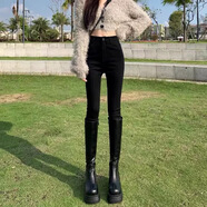 MELROSEMOOD黑色高腰牛仔褲女加絨小腳褲2025女裝秋冬新款彈力顯瘦緊身九分褲 黑色（長(cháng)褲） 27