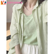VOYDOVE藍(lán)色長(zhǎng)袖防曬襯衫女外套春夏薄款顯瘦寬松休閑polo領(lǐng)亞麻襯衣 綠色襯衫 L 115-130斤