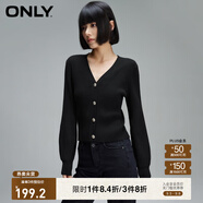 ONLY夏季簡(jiǎn)約燈籠袖V領(lǐng)短款開(kāi)衫毛衣針織衫女|12413B009 H1Z 黑色 M (165) 84A