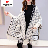 皮爾卡丹（pierre cardin）秋冬新針織衫寬松中長(cháng)款流蘇披肩帶袖披風(fēng)口袋開(kāi)衫女士斗篷 白色 均碼