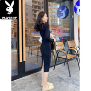 花花公子（PLAYBOY）黑色圓領(lǐng)長(cháng)袖針織連衣裙女秋冬新款修身內搭打底裙后開(kāi)叉包臀裙子 黑色 S
