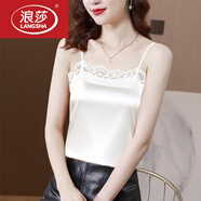 浪莎（LangSha）真絲吊帶背心女內搭蕾絲拼接緞面雪紡上衣夏季寬松外穿打底衫 白色【301】 4XL 135-145斤
