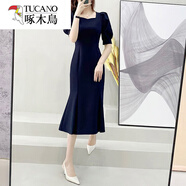 啄木鳥(niǎo)2025夏季優(yōu)雅氣質(zhì)女神范名媛泡泡袖宴會(huì )晚禮服方口領(lǐng)魚(yú)尾連衣裙潮 【2703#】藏青色 XL 115-130斤