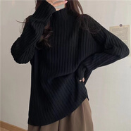 婷婉美大碼女裝300斤胖mm半領(lǐng)毛衣女秋冬外穿寬松長袖上衣內(nèi)搭針織衫 黑色 M _80-90斤