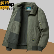 JEEP SPIRIT羊羔絨棉衣男士25年冬季中年純棉工裝夾克加厚保暖棉服外套男款 軍綠色(春秋不加絨) 4XL 建議175-190斤穿著(zhù)