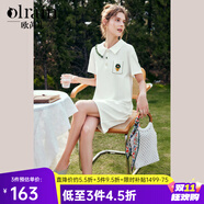 Olrain歐芮兒法式刺繡白色polo領(lǐng)連衣裙女夏季2025新款氣質(zhì)直筒裙 米白色 M