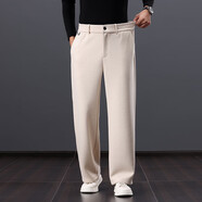 SUSTYLE國際輕奢品牌秋冬羊毛厚寬松直筒開(kāi)檔系皮帶高端男褲中年男褲子 0277羊毛男褲【杏色】 L
