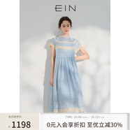EIN【輕禮服】EIN言小黑裙中長(zhǎng)款絲棉短袖蕾絲連衣裙女2024夏季新款 淺藍(lán) S