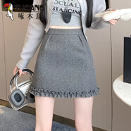 啄木鳥設(shè)計感木耳邊毛呢花苞裙女秋冬季加厚呢子短裙灰色A字包臀半身裙 灰色 S