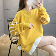 簡丹柔山東即墨衛(wèi)中長款假兩件衛(wèi)衣女長袖t恤春秋韓版上衣潮T胖mm寬松加 2550黃色 M 80-100斤