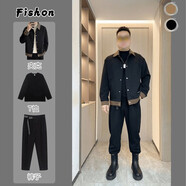 自語(yǔ)（ZIYU）【三件套】秋春裝男華夫格大碼工裝夾克套裝休閑寬松翻領(lǐng)百搭外套 黑色外套+黑T+腰帶褲 M  建議（90一120斤）