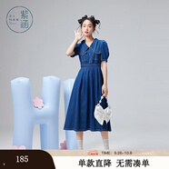 紫涵（ZIHAN）夏季復(fù)古牛仔連衣裙文藝翻領(lǐng)短袖長裙高收腰時尚簡約 牛仔藍 XL