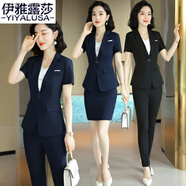 伊雅露莎夏季職業(yè)裝女套裝短袖小西裝正裝西服通勤修身商務(wù)面試工作服8616 藍(lán)色西裝+褲子 L