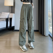 婕米兒休閑褲女工裝褲女款美式寬松小個(gè)子高腰窄版直筒闊腿褲女2025春秋 軍綠色 (九分) S