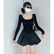 芭蕾千金純欲少女連衣裙方領(lǐng)性感露背長(cháng)袖蓬蓬裙春秋花苞娃娃裙 黑色 M M