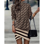 TTPMER秋冬歐美風(fēng)高領(lǐng)印花長(zhǎng)袖連衣裙女 卡其迷宮 S